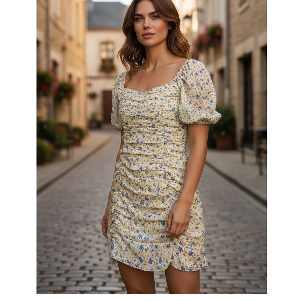 Lush Yellow Blue Floral Ruched Puff Sleeve Mini Dress Coquette Fairycore Girly S